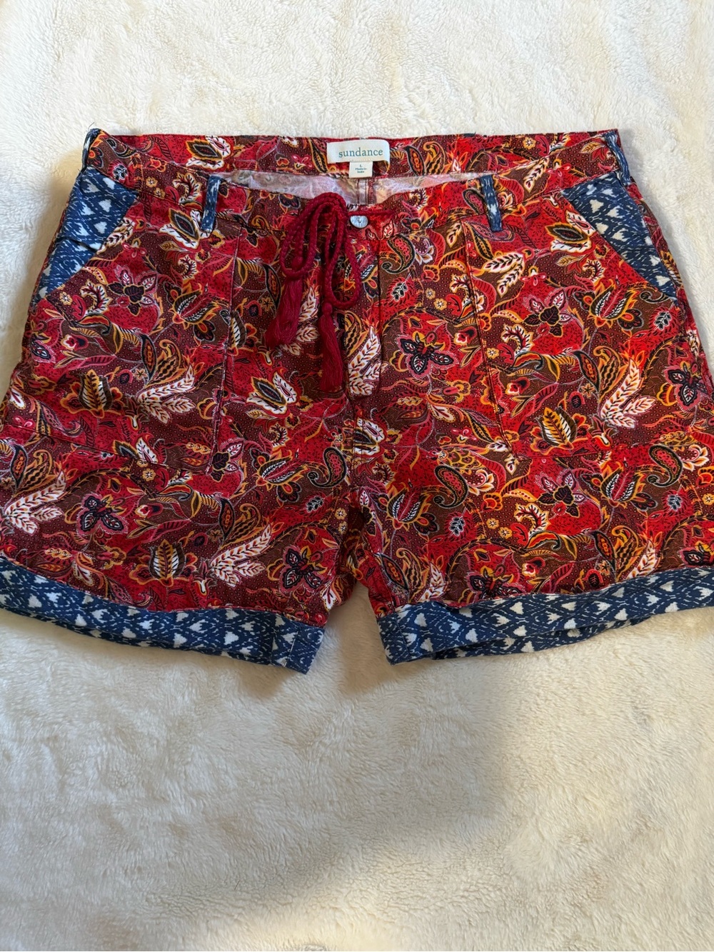 Sundance Kalini Red Paisley Floral Shorts with Blue Trim